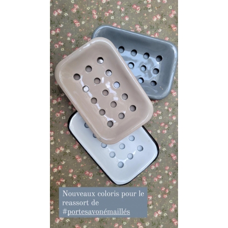 portes savon rétro en métal émaillé gris blanc ou taupe.