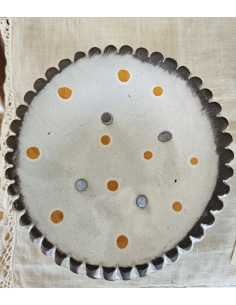 Porte savon artisanal rond en céramique blanc et pois jaunes